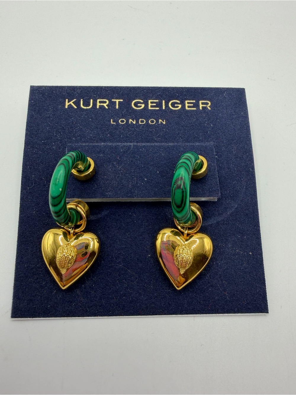 Kurt Geiger Green and Gold Heart Drop Hoop Earrings